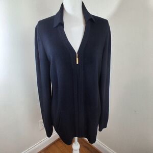 St. John Collection Santana Navy Blue Knit Zip Cardigan Wool Sweater Size Small